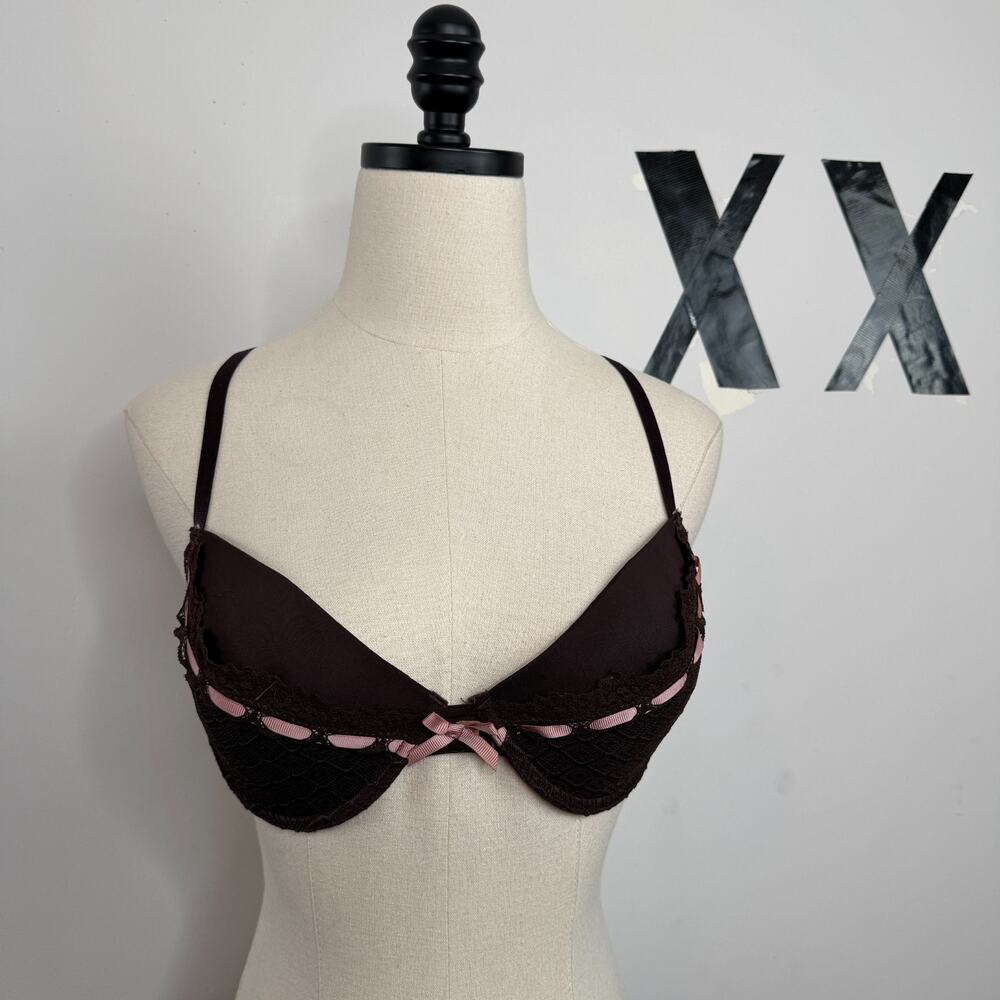 Chocolate Brown Dusty Rose Lace Overlay Satin Bow Padded Underwire Bra 34C